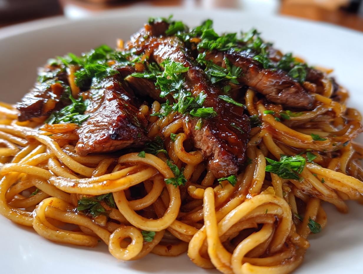 25-Minute Sweet and Spicy Garlic Steak Pasta Perfection