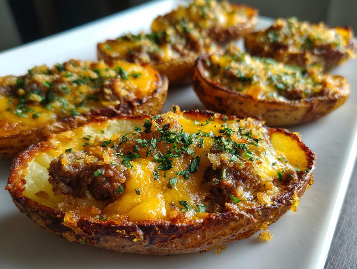 Irresistible Crunchy Garlic Cheesy Beef Potato Skins Recipe