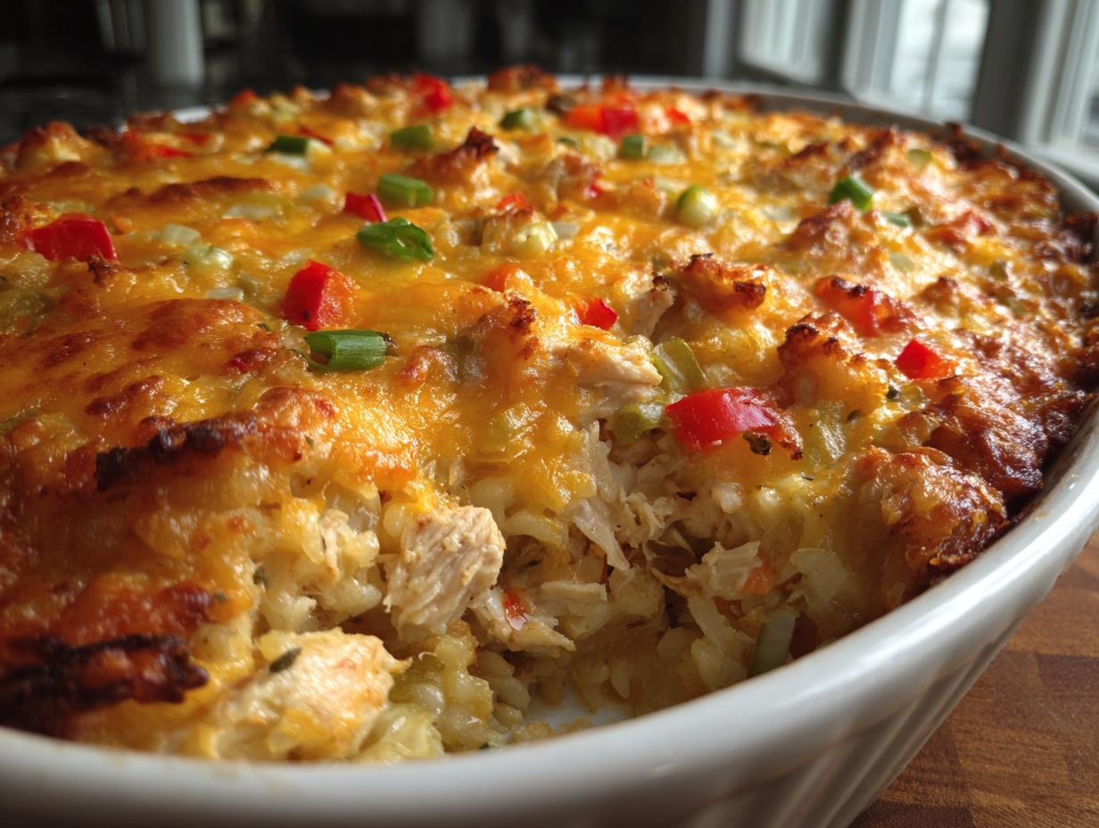 loaded cheesy chicken and rice bake