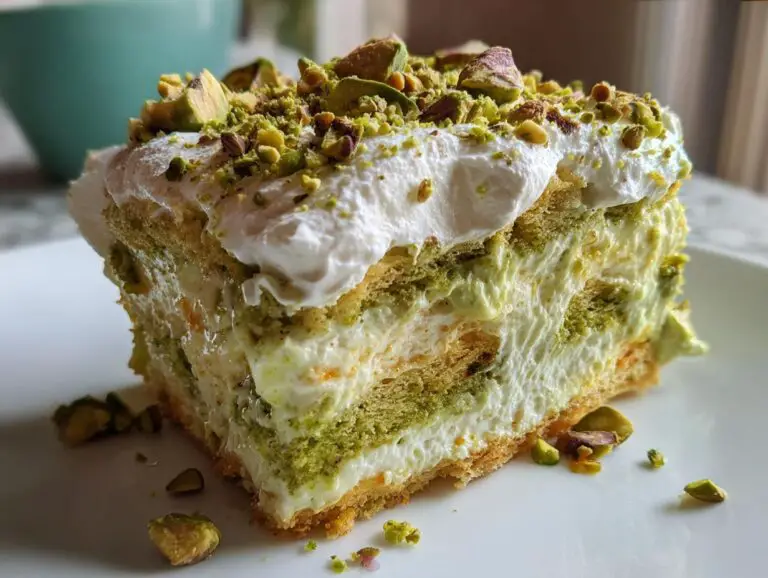 Pistachio Dessert Lasagna with Whipped Cream and Cheesecake Layers