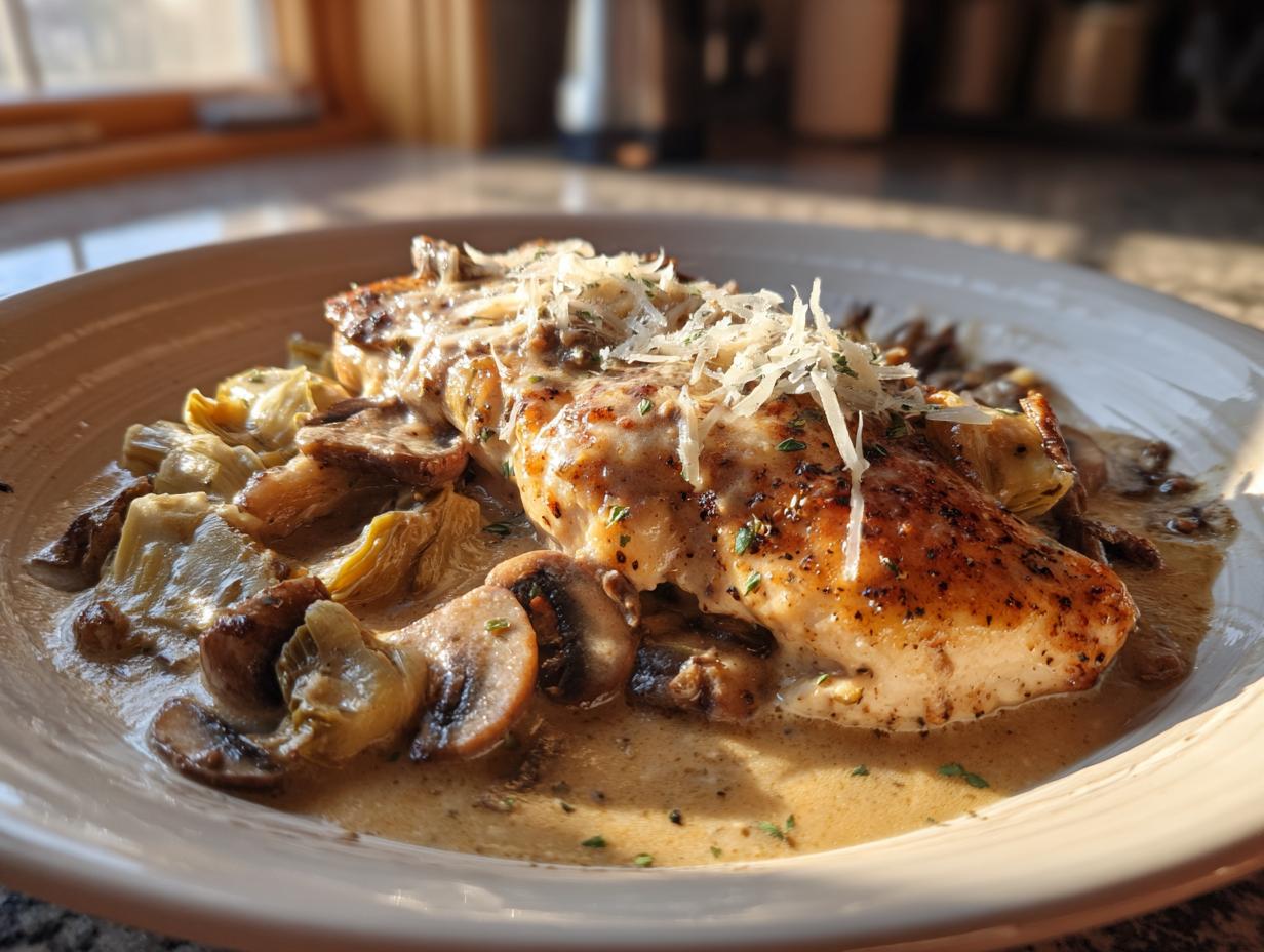 Chicken with Artichokes and Mushrooms in Creamy Sauce