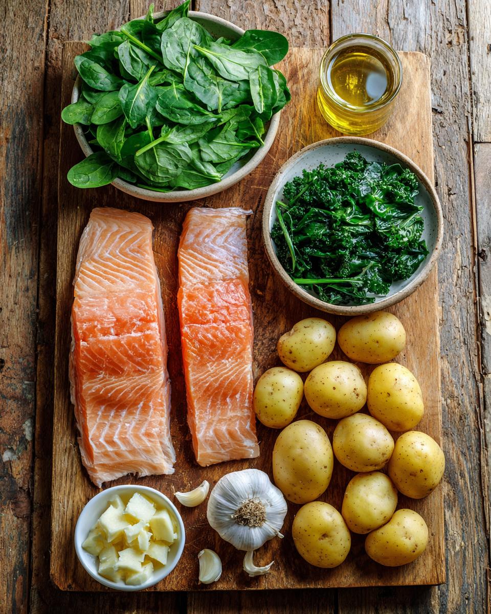 Instant Pot Salmon with Garlic Potatoes and Greens ingredients