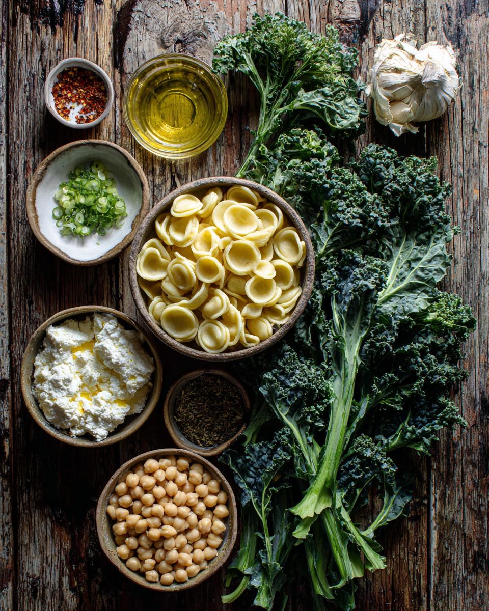 Orecchiette with Greens, Garbanzo Beans and Ricotta Salata ingredients