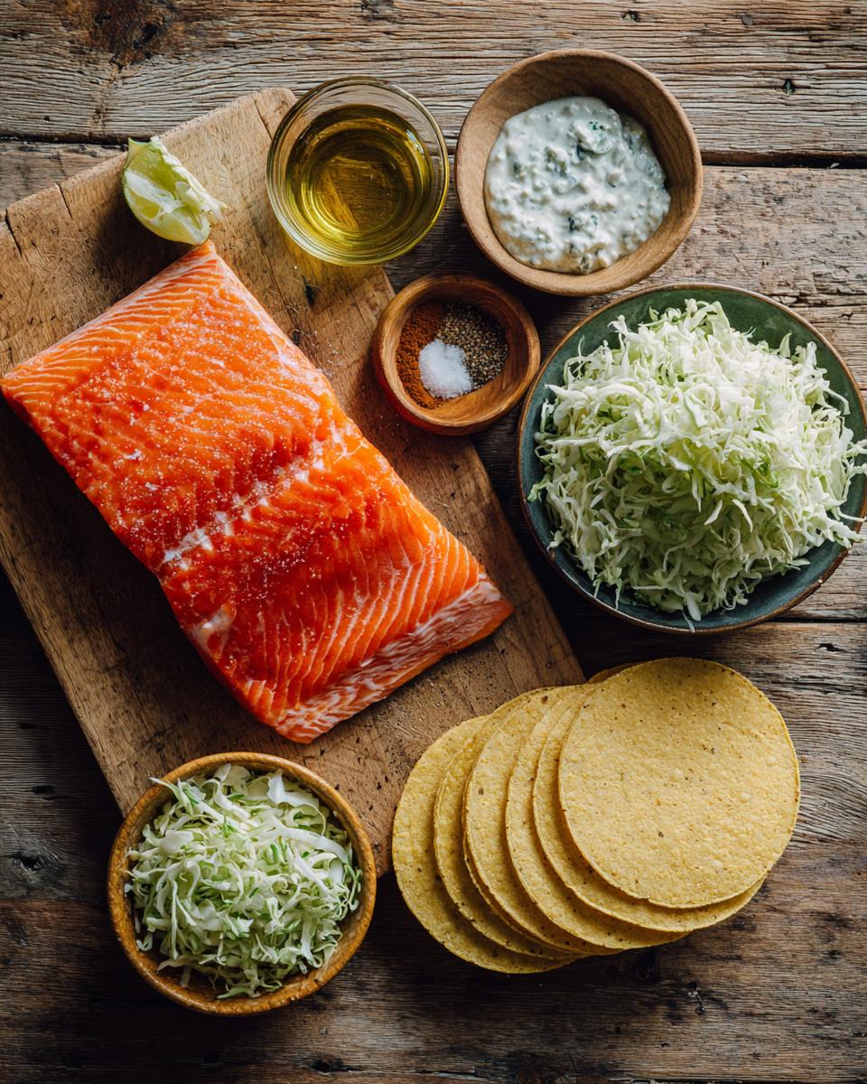 Salmon Tacos with Creamy Dill Slaw ingredients